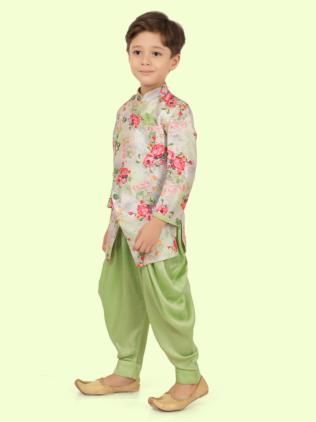Green Floral Print Motif Kurta Set with Long Sleeve Kurta & Pant style Pyjama For Boys