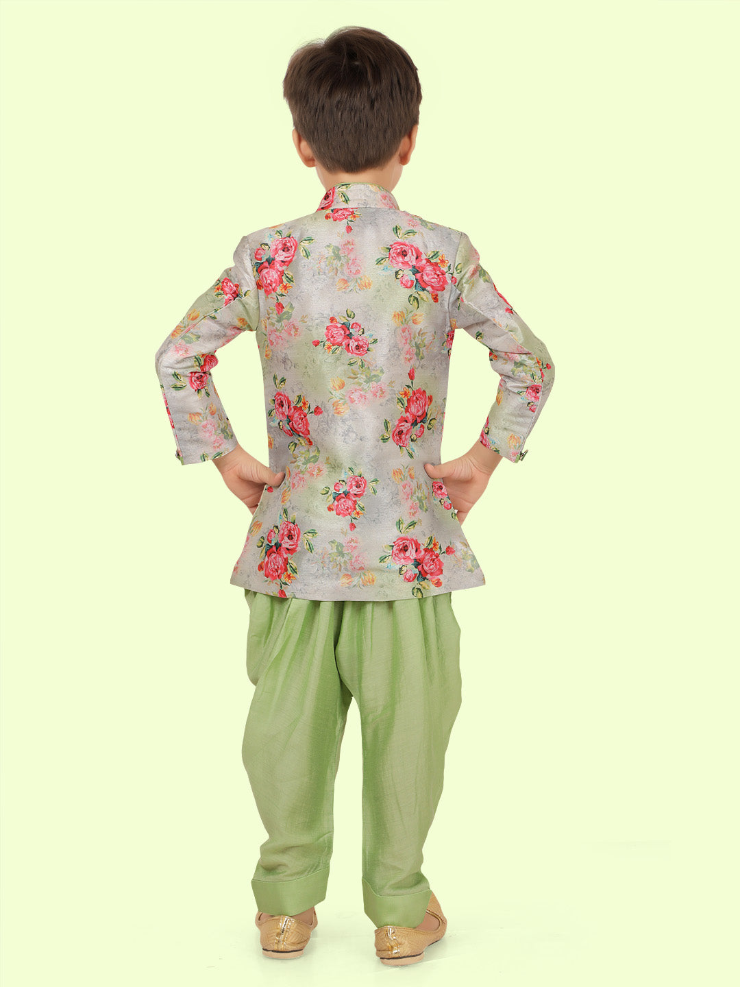 Green Floral Print Motif Kurta Set with Long Sleeve Kurta & Pant style Pyjama For Boys