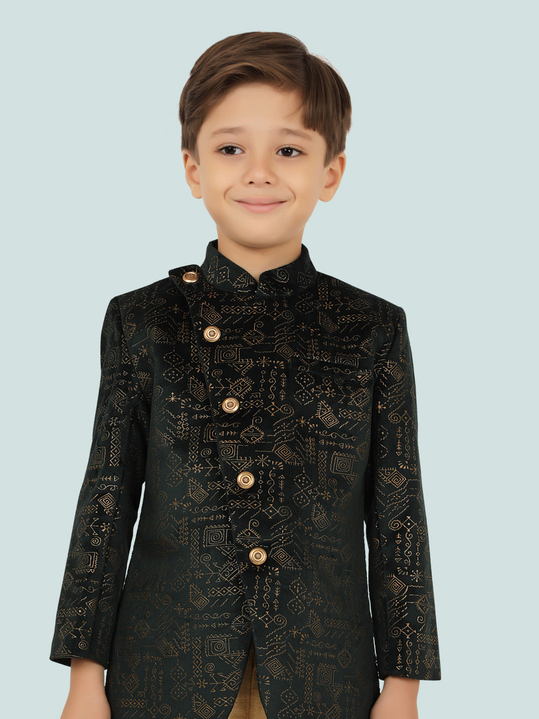 Green Jacquard Sequence KurtaSet with Long Sleeve Kurta & Pant style Pyjama For Boys 6272