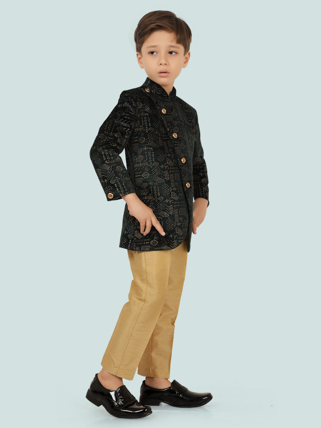 Green Jacquard Sequence KurtaSet with Long Sleeve Kurta & Pant style Pyjama For Boys 6272