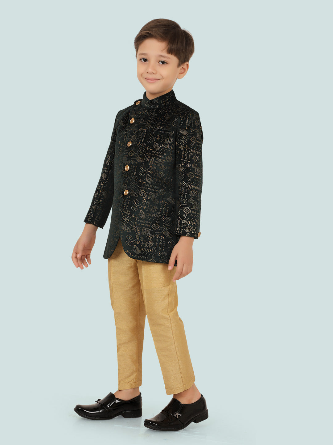 Green Jacquard Sequence KurtaSet with Long Sleeve Kurta & Pant style Pyjama For Boys 6272