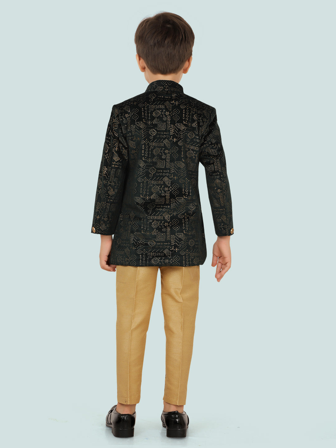 Green Jacquard Sequence KurtaSet with Long Sleeve Kurta & Pant style Pyjama For Boys 6272