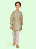 Green  Motif  Printed  Kurta Set with Long Sleeve Kurta & Pant style Pyjama For Boys