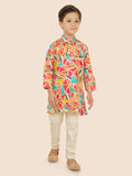 Multi Cotton Motif KurtaSet with Long Sleeve Kurta & Pant style Pyjama For Boys