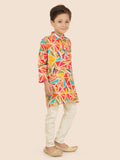 Multi Cotton Motif KurtaSet with Long Sleeve Kurta & Pant style Pyjama For Boys