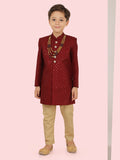 Maroon Heavy SequenceSherwani Set with Long Sleeve Kurta & Pant style Pyjama For Boys