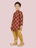 Maroon Jacquard Kurta Set with Long Sleeve Kurta & Dhoti Style bottom For Boys