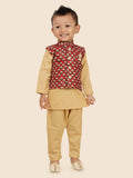 Maroon Motif  Jacket Kurta Set with Long Sleeve Kurta & Pant style Pyjama For Boys