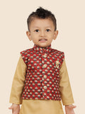 Maroon Motif  Jacket Kurta Set with Long Sleeve Kurta & Pant style Pyjama For Boys