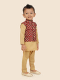 Maroon Motif  Jacket Kurta Set with Long Sleeve Kurta & Pant style Pyjama For Boys