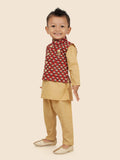 Maroon Motif  Jacket Kurta Set with Long Sleeve Kurta & Pant style Pyjama For Boys