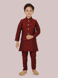 Maroon Sequence Jacket Kurta Set with Long Sleeve Kurta & Pant style Pyjama For Boys