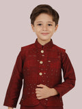 Maroon Sequence Jacket Kurta Set with Long Sleeve Kurta & Pant style Pyjama For Boys