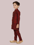 Maroon Sequence Jacket Kurta Set with Long Sleeve Kurta & Pant style Pyjama For Boys