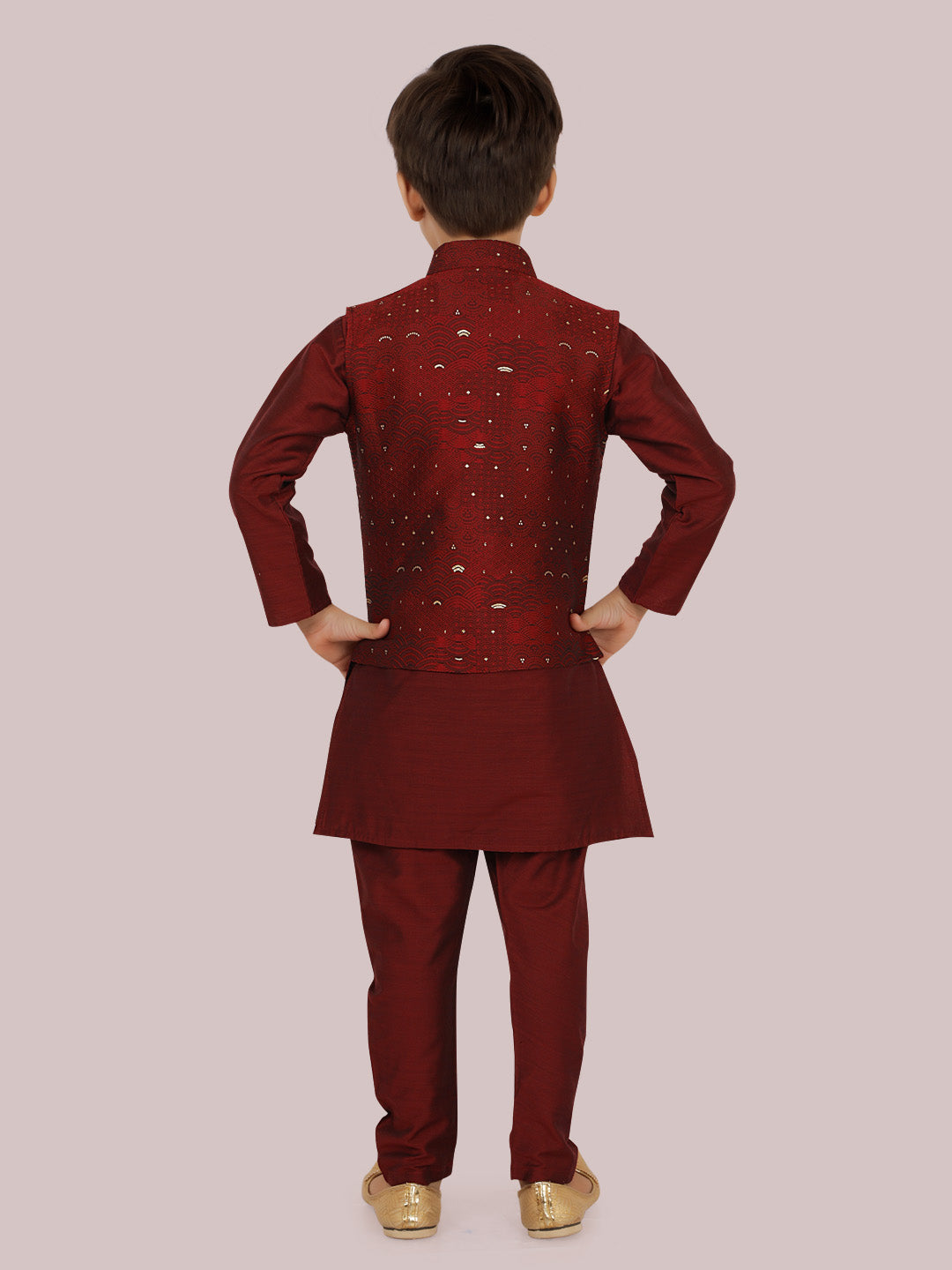 Maroon Sequence Jacket Kurta Set with Long Sleeve Kurta & Pant style Pyjama For Boys