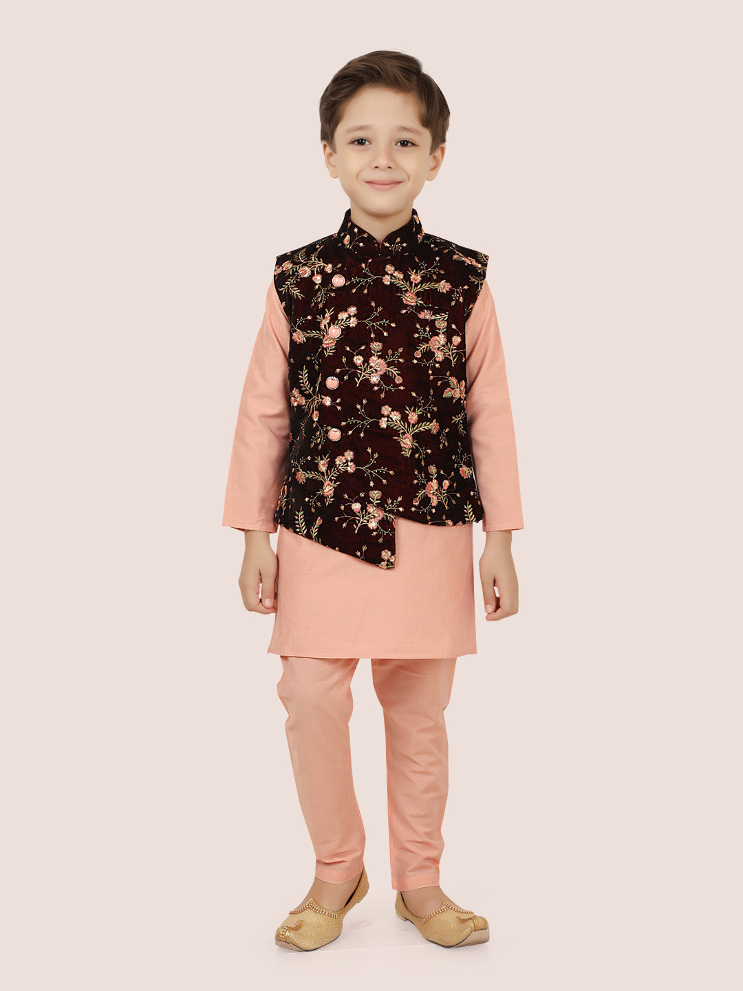 Maroon Velvet Jacket Kurta Set with Long Sleeve Kurta & Pant style Pyjama For Boys