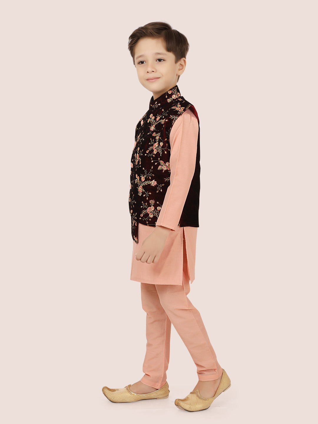 Maroon Velvet Jacket Kurta Set with Long Sleeve Kurta & Pant style Pyjama For Boys