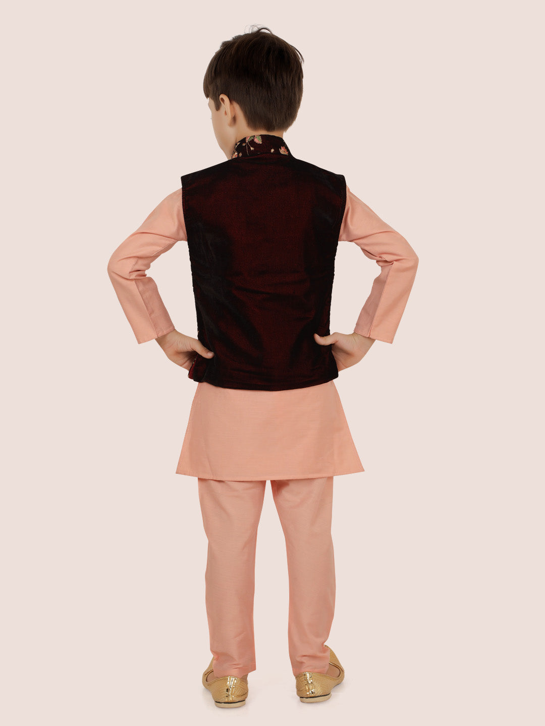 Maroon Velvet Jacket Kurta Set with Long Sleeve Kurta & Pant style Pyjama For Boys