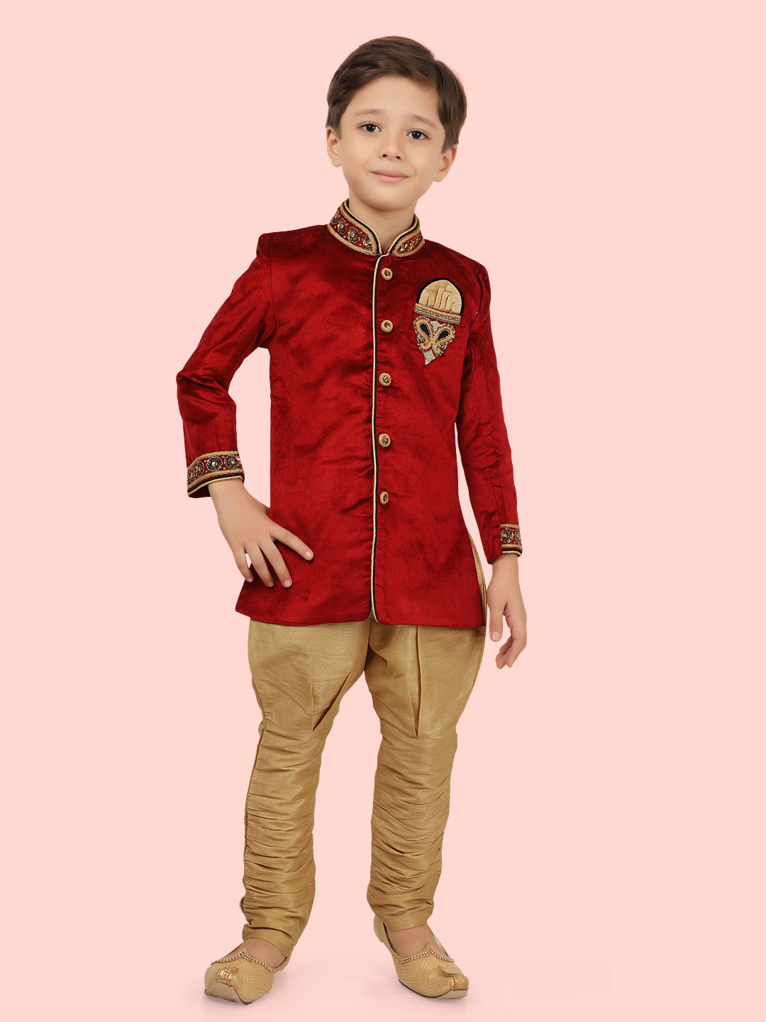 Maroon Velvet Kurta Set with Long Sleeve Kurta & Pant style Pyjama For Boys