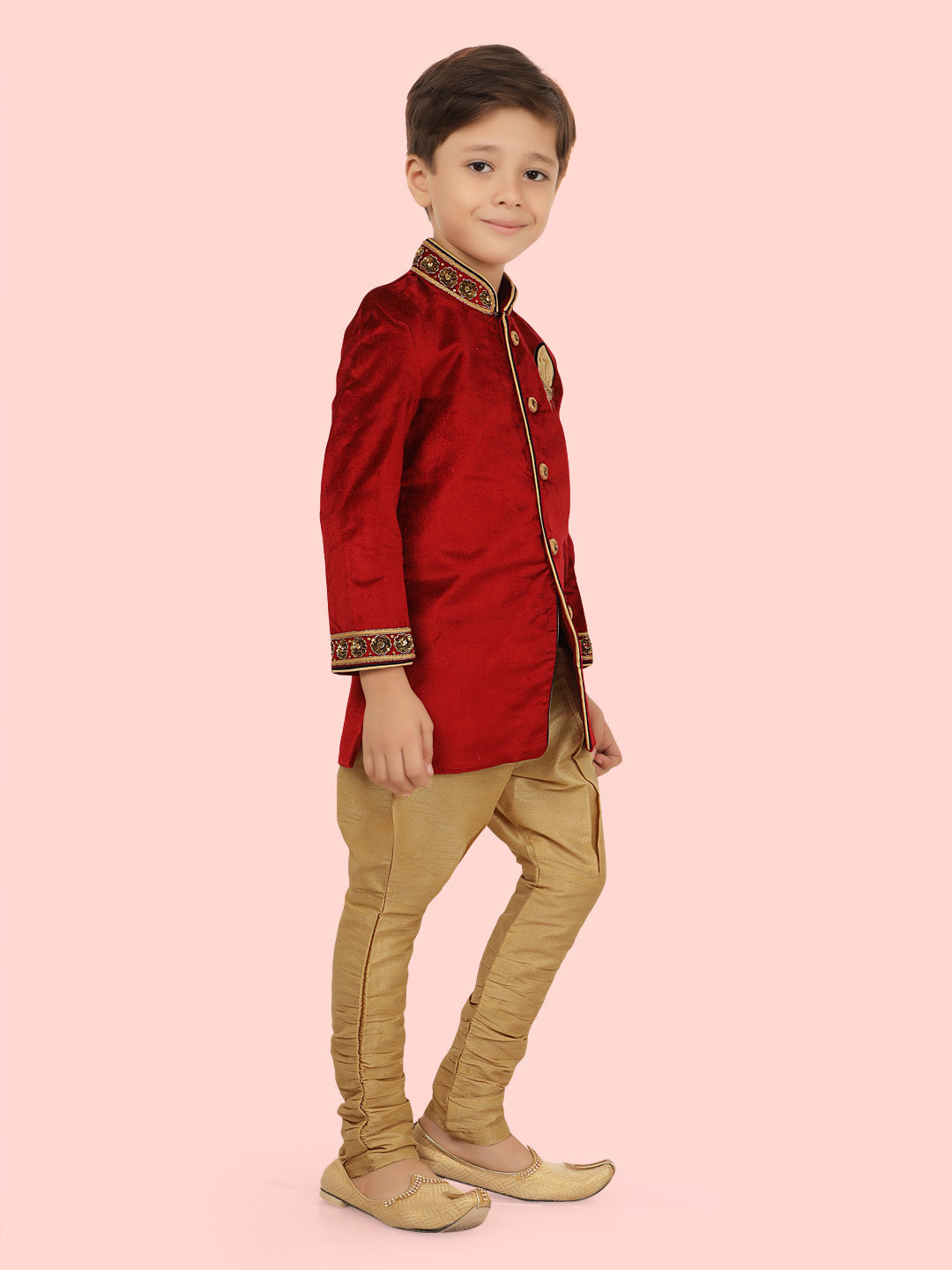 Maroon Velvet Kurta Set with Long Sleeve Kurta & Pant style Pyjama For Boys