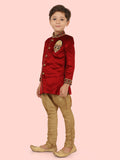 Maroon Velvet Kurta Set with Long Sleeve Kurta & Pant style Pyjama For Boys