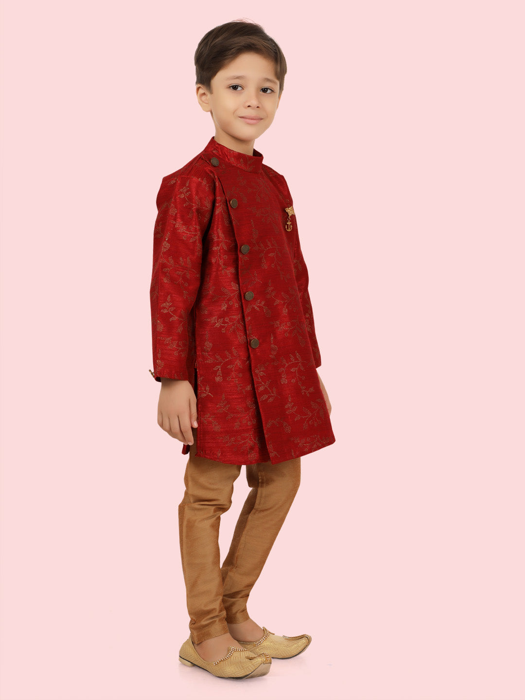 Marron Jacquard Kurta Set with Long Sleeve Kurta & Pant style Pyjama For Boys