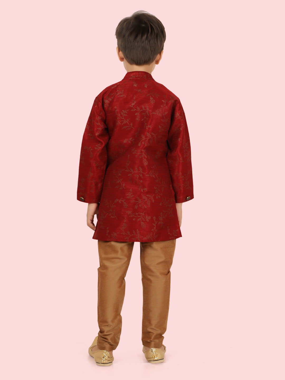 Marron Jacquard Kurta Set with Long Sleeve Kurta & Pant style Pyjama For Boys