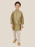 Olive Jacquard Jacket Kurta Set with Long Sleeve Kurta & Pant style Pyjama For Boys