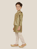 Olive Jacquard Jacket Kurta Set with Long Sleeve Kurta & Pant style Pyjama For Boys