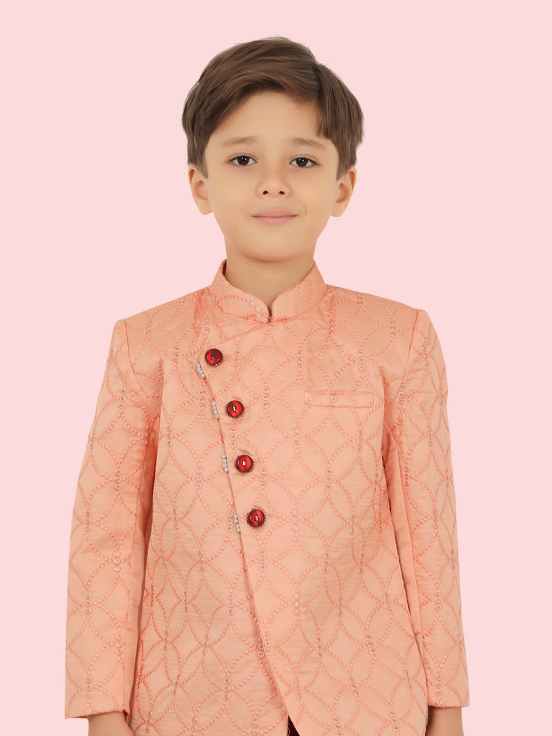 Peach Jacquard KurtaSet with Long Sleeve Kurta & Pant style Pyjama For Boys
