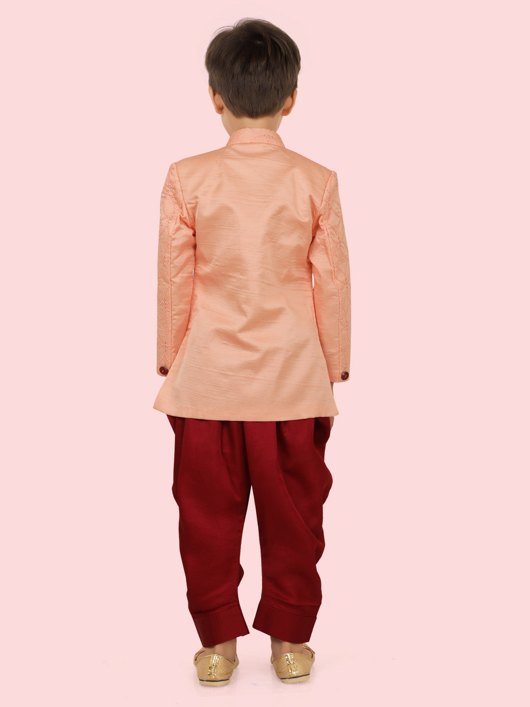 Peach Jacquard KurtaSet with Long Sleeve Kurta & Pant style Pyjama For Boys