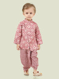 Pink Motif Printed Kurta Set with Long Sleeve Kurta & Dhoti Style bottom For Boys