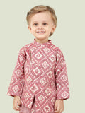 Pink Motif Printed Kurta Set with Long Sleeve Kurta & Dhoti Style bottom For Boys