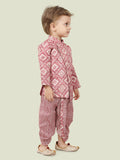 Pink Motif Printed Kurta Set with Long Sleeve Kurta & Dhoti Style bottom For Boys