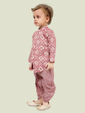 Pink Motif Printed Kurta Set with Long Sleeve Kurta & Dhoti Style bottom For Boys