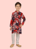 Red Cotton Motif Printed Kurta Set with Long Sleeve Kurta & Pant style Pyjama For Boys