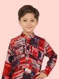 Red Cotton Motif Printed Kurta Set with Long Sleeve Kurta & Pant style Pyjama For Boys