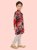 Red Cotton Motif Printed Kurta Set with Long Sleeve Kurta & Pant style Pyjama For Boys