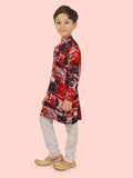 Red Cotton Motif Printed Kurta Set with Long Sleeve Kurta & Pant style Pyjama For Boys