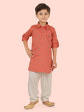 Rust Cotton Printed Kurta Set with Long Sleeve Kurta & Patiala style Pyjama For Boys