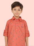 Rust Cotton Printed Kurta Set with Long Sleeve Kurta & Patiala style Pyjama For Boys