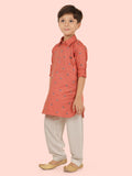 Rust Cotton Printed Kurta Set with Long Sleeve Kurta & Patiala style Pyjama For Boys