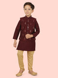 Wine Jacquard Jacket Kurta Set with Long Sleeve Kurta & Pant style Pyjama For Boys