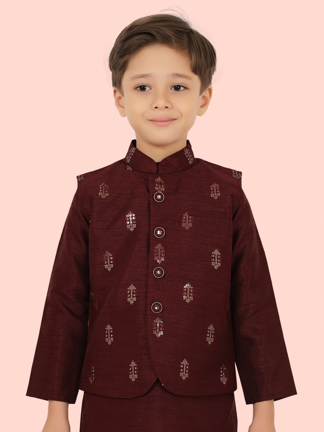 Wine Jacquard Jacket Kurta Set with Long Sleeve Kurta & Pant style Pyjama For Boys