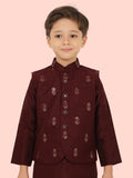 Wine Jacquard Jacket Kurta Set with Long Sleeve Kurta & Pant style Pyjama For Boys