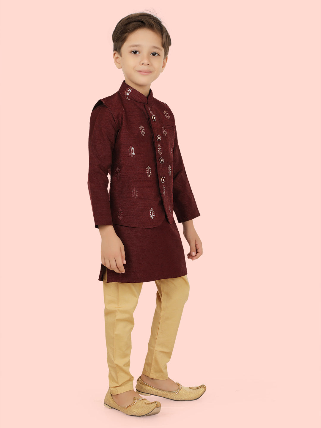 Wine Jacquard Jacket Kurta Set with Long Sleeve Kurta & Pant style Pyjama For Boys