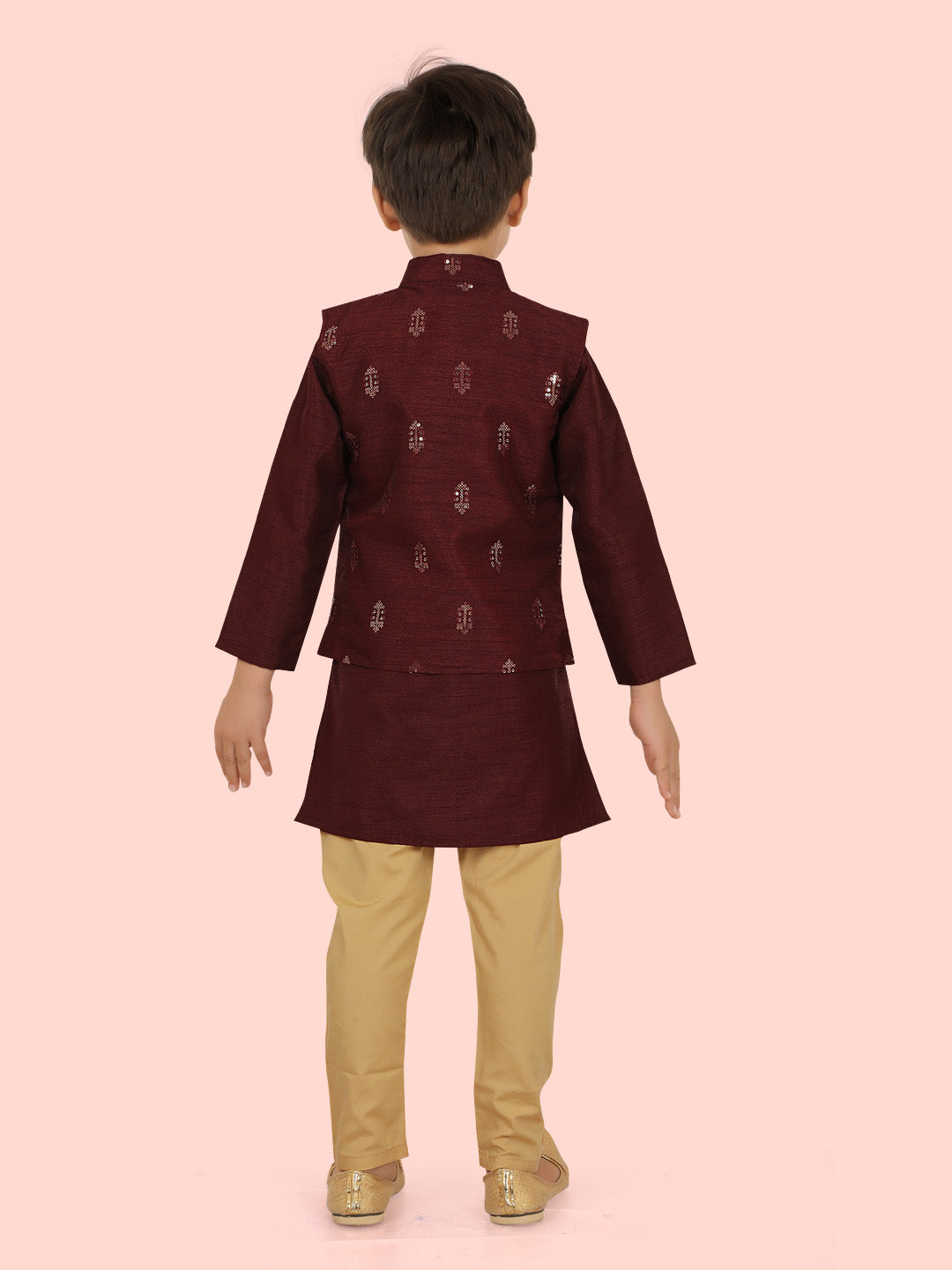 Wine Jacquard Jacket Kurta Set with Long Sleeve Kurta & Pant style Pyjama For Boys