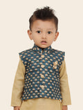 Blue Motif  Jacket Kurta Set with Long Sleeve Kurta & Pant style Pyjama for Boys