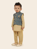 Blue Motif  Jacket Kurta Set with Long Sleeve Kurta & Pant style Pyjama for Boys