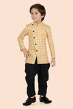 Gold Cotton Printed Indo Western Set with Long Sleeve Kurta & Pant style For Boys